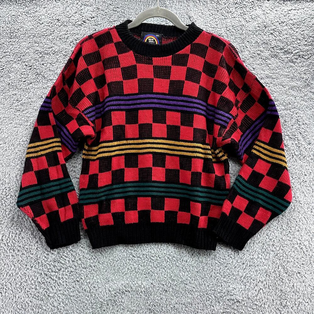 Vintage New Era 80's Knit Sweater‎ Medium? Color Block Geometric Design Awesome